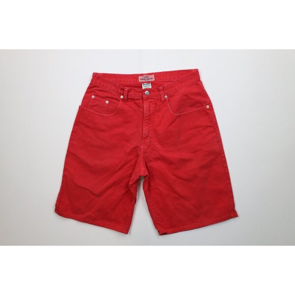 Vintage 90s Guess Mens 31 Distressed Spell Out Denim Jean Shorts Red Cotton USA - Picture 1 of 12